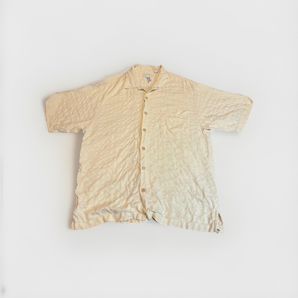 Tommy Bahama Silk Button Down Shirt Men's Large Short Sleeve Cream Ivory